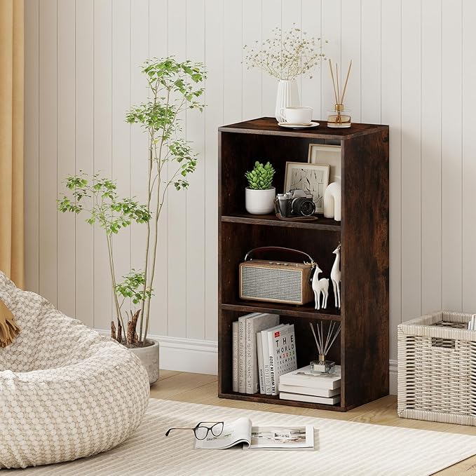 Giantex 3 Tier Bookcases Set of 2, 31.5" Bookshelf Cube Storage Organizer, Open Storage Cabinet Multi-Functional Home Office Bedroom Furniture Display Bookcases, Rustic Brown