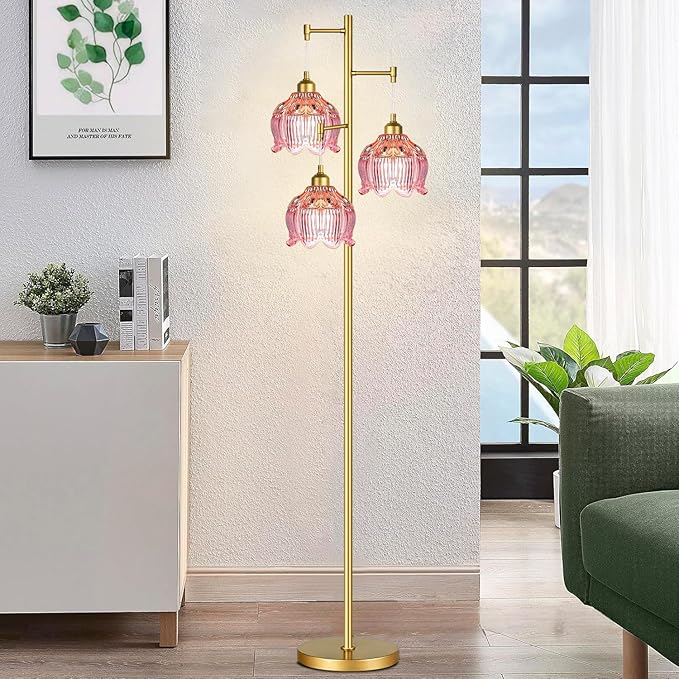 Pink Floor Lamp for Living Room,Bedroom,Gold Mid Century Modern Standing Lamp Brass Tree 3 Light Tall Floor Lamps Retro Floor Lights Glass Flower Lamp Shade Girls Kids Boho Bohemian