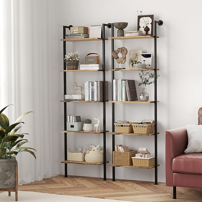 5-Tier Solid Wood Bookshelf, Narrow Book Shelf Set of 2, Wall Mount Ladder Shelf, Storage Rack for Living Room, Bedroom, Industrial Style, Rustic Brown