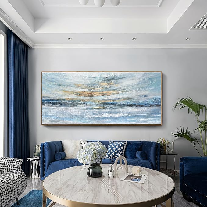 Nicetop Extra Large Framed Abstract Ocean Landscape Wall Art, Serene Sunset Painting with Natural Wooden Frame, Modern Coastal Décor for Living Room, Bedroom & Office, 71x32 Inch