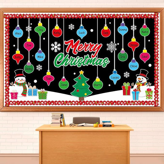 Christmas Bulletin Board Decorations Set Xmas Tree Snowman Snowflakes Ball Name Tag Cutouts Classroom Decor for Winter Holiday School Wall Decoration Supplies