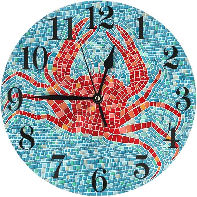 Ocean Sea Crab Wall Clock Battery Operated Silent Non Ticking Round Clock Wall Decor for Home Kitchen Living Room 9.8 Inch