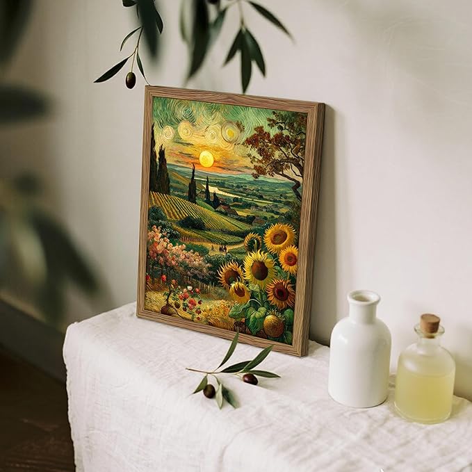Framed Vintage Sunflower Wall Art, Cottagecore Van Gogh Impressionist Canvas Wall Decor Painting, Rustic Farmhouse Sunset Landscape Artwork Print Picture for Living Room Bedroom 12x16 Inch