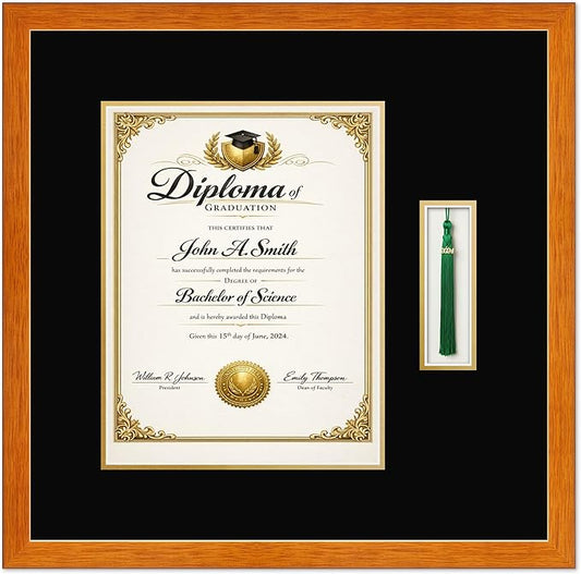 CountryArtHouse Diploma and Tassel Frame Fits 10 x 13 College Diploma (Portrait Traditional) with Honey Oak Genuine Hardwood Shadowbox with Black Over Metallic Gold Double mat