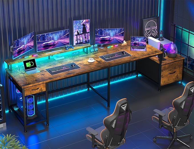 96.5''Office Desk with LED Lights, L Shaped Gaming Desks with Power Outlets, Two Person Computer Desk with Drawers & Monitor Shelf for Home Office, Study Room and Bedroom, Rustic Brown