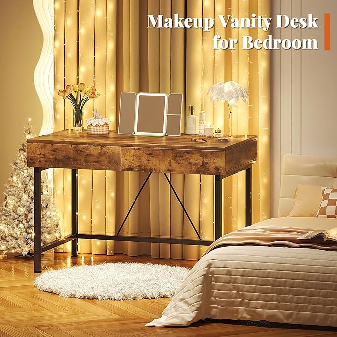 VERMESS 40 Inch Solid Wood Desk with Drawers, Small Computer Desk for Small Space,Modern Makeup Vanity Desks No Mirror, Writing/Study/Work Table for Home Office, Kids Desks for Bedroom, Rustic Brown