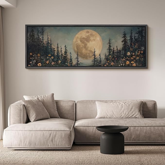 SIGNFORD Large Framed Canvas Moonlit Forest with Wildflowers Mystical Illustrations Modern Art Calm Warm for Living Room, Bedroom, Office - 60"x20"