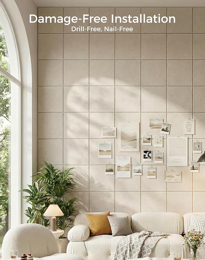 Aothia Felt Bulletin Board Tiles Large 48" x 36" Cork Board Alternative - 12-Pack with 70 Adhesive Tabs, Thick Slat Wall Panels for Office Decor, Push Pin Board Wall Organizer Alternative - Oatmeal
