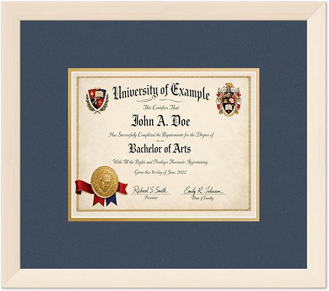 CountryArtHouse Diploma Frame Fits 10 x 8 Professional License - Keepsake Graduation Display Coastal Whitewash Genuine Hardwood with Navy Blue Over Metallic Gold Double mat