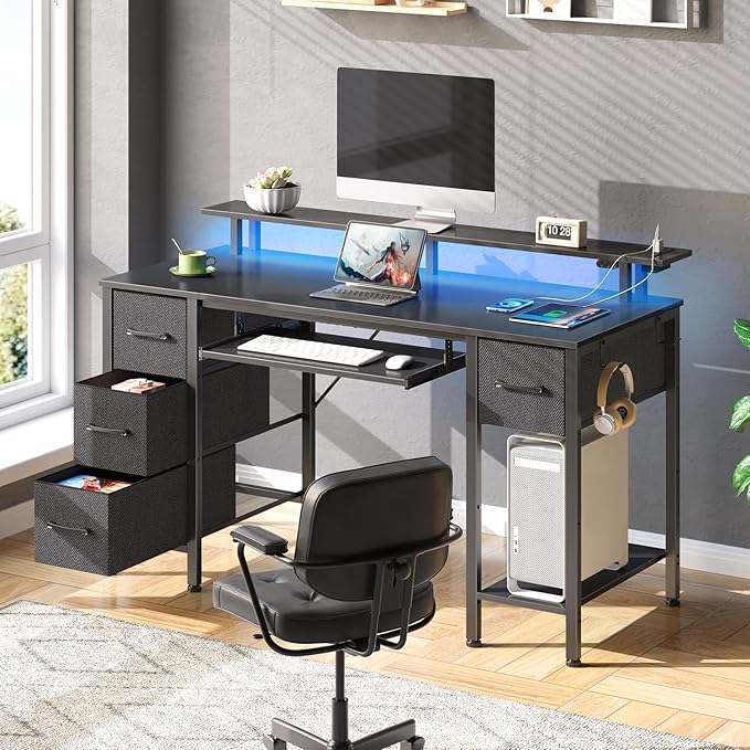 Seventable Computer Desk 55.1" with LED Lights & Power Outlets, Home Office Desk with 4 Drawers, Writing Desk with Keyboard Tray, Study De sk with Monitor Stand, Work for Home Office, Black