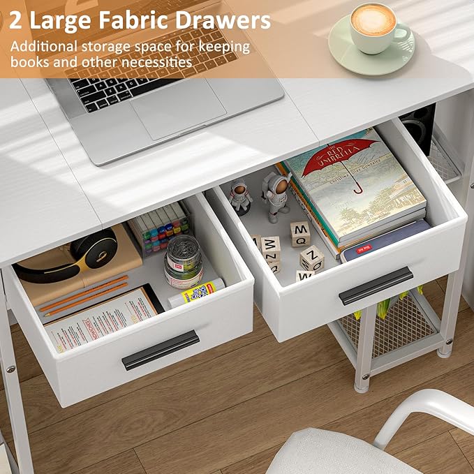 White Computer Desk with Drawers, 37.3 Inch Home Office Work Desk with Storage Shelf, Kids Teens Study Table for Small Space, Small Writing PC Table for Bedroom Makeup Vanity Desk