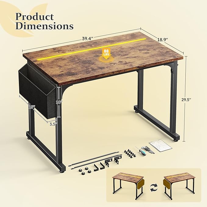 40 Inch Computer Desk with LED Lights for Small Spaces, Office Desk for Home Office, Study Desk Writing Table with Storage Bag, Headphone Hook, Rustic Brown