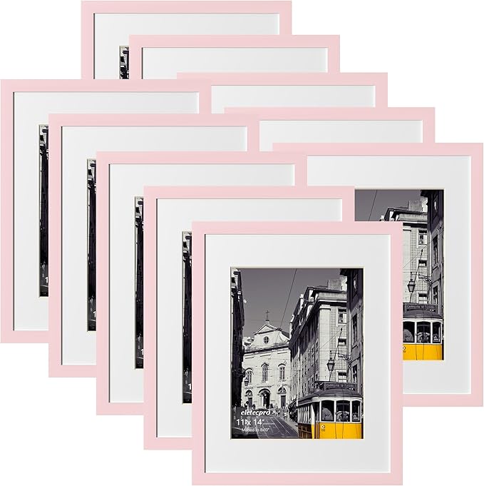 eletecpro 11x14 Picture Frames Set of 10, Picture Frame Collage Wall Decor Display 8x10 Photo with Mat or 11x14 without Mat, Home Decor Gallery Wall Frame for Wall Mounting, Pink