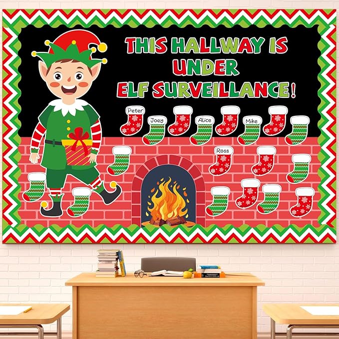 Christmas Bulletin Board Set Xmas Elf Hearth Classroom Bulletin Board Decorations Elf Fireplace Christmas Cutouts Classroom Decorations for Back to School Office Home Chalkboard Decor Wall Door