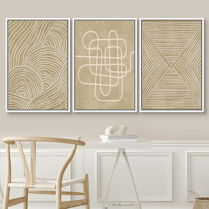SIGNWIN Framed Canvas Print Wall Art Set Geometric Tan Line Art Collage Graffiti & Street Art Abstract Illustrations Modern Art Decorative Nordic for Living Room, Bedroom, Office - 24"x36"x3 White