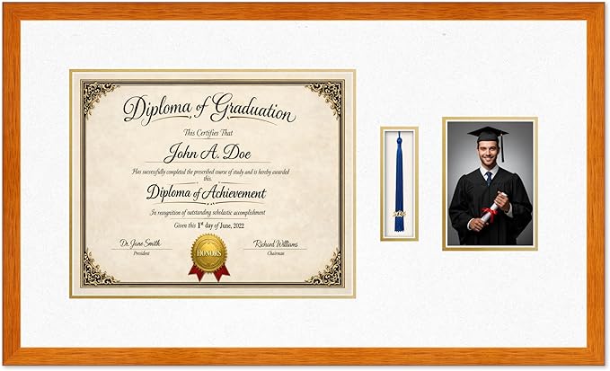 Diploma Tassel and Photo Frame Honey Oak Shadowbox Oyster Shell Over Gold Mat - Fits 15 x 12 Degree Picture Made in the USA
