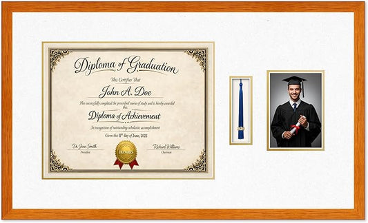 Diploma Tassel and Photo Frame Honey Oak Shadowbox Oyster Shell Over Gold Mat - Fits 15 x 12 Degree Picture Made in the USA