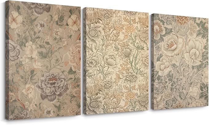 Vintage Flower Wall Art Decor Beige Floral Canvas Wall Art Botanical Rustic Pictures Prints Farmhouse Antique Painting Vintage Flower Poster for Living Room Bedroom 16x24 Inch Wrapped Canvas Set of 3