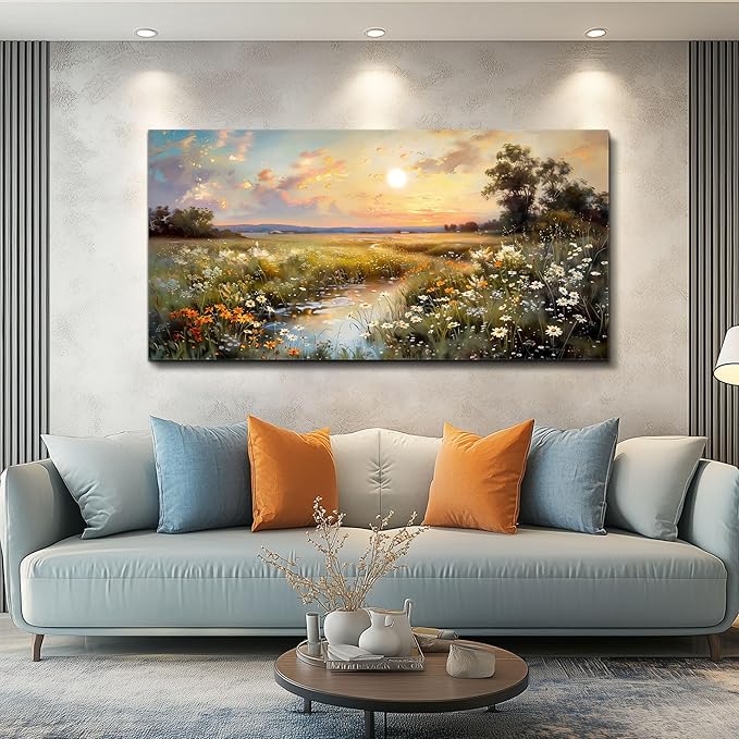 hyidecorart Vintage Farmhouse Wildflower Wall Paintings Canvas Wall Art for Living Room Wall Decor for Bedroom Office Decorations Nature Landscape Picture Artwork Aesthetic Home Decor Ready To Hang