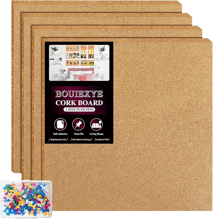 Cork Board 4 Pack Bulletin Boards 12"x12" - 1/4" Self Adhesive Corkboards for Wall School Home Office with 100 Push Pins