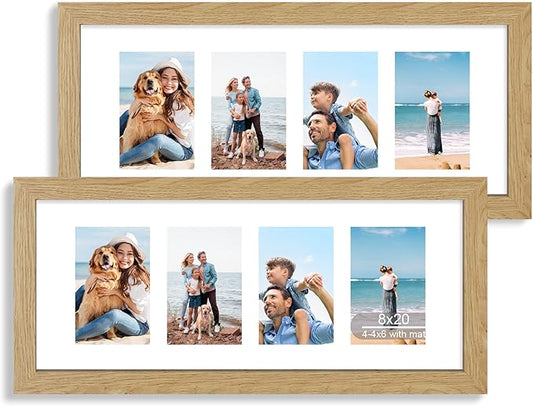 8x20 Picture Frame Set of 2, Natural Oak Wood Frame with Tempered Glass Collage Frame, Display Pictures Four 4x6 With Mat or 8 x 20 Without Mat - Horizontal or Vertical Wall Mounting