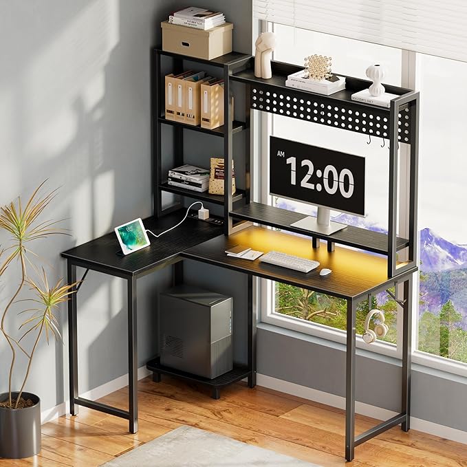 L Shaped Gaming Desk with Shelves - 48 inch Corner Computer Desks with Storage Hutch Shelf Reversible Pegboard Led Lights Power Outlets PC Monitor Stand for Bedroom, Black