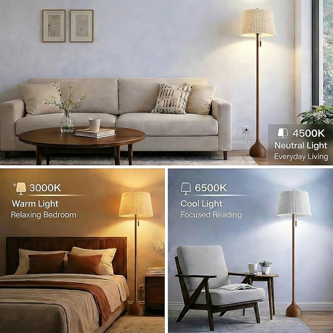 MOFFE 65" Mid Century Modern Vintage Real Wood Floor Lamp with 2 Shades for Two Looks, Sculptural Standing Lamp with Teardrop Base & Wooden Pull Chain for Living Room Bedroom Sofa Side (Bulb Included)