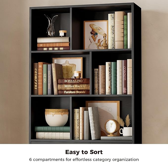 IRONCK Bookshelf, 70.9 Inch Tall Bookcase, Black Book Shelf with Doors and 3 Drawers, 3-Tier Bookshelves with 6 Open Cubes for Home Office, Living Room, Study