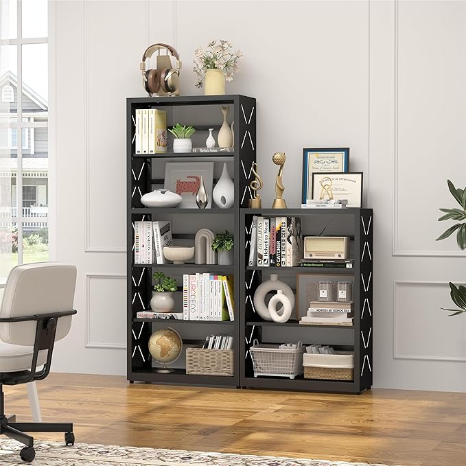 5 Tier Bookshelf, 55"Tall Metal Bookcase with Adjustable Shelves, Modern Display Book Shelf, Black Bookcase Shelf, Utility Shelf, Storage Shelves for Office, Living Room, Kitchen, Study-23"W