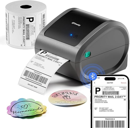 Bluetooth Shipping Label Printer with 1 Roll Labels - D520BT Thermal Label Printer, Thermal Printers with Built-in Label Holder, Come with 500PCS 4x6‬ White Labels (500 Labels/Roll)