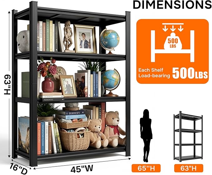 4-Tier Bookshelf, Bookcase with Steel Frame, Book Shelf for Living Room, Home Office, Study, 16 x 45 x 63 Inches, Industrial Style, Black