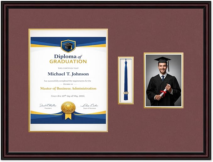 Diploma Tassel and Photo Frame Executive Brown Shadowbox Dark Red Over Gold Mat - Fits 10 x 13 Degree Picture Made in the USA