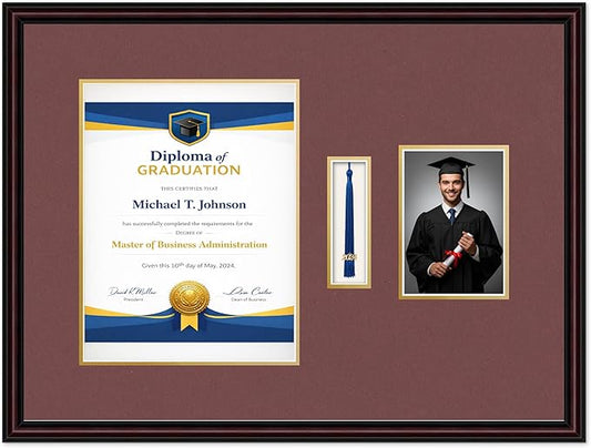 Diploma Tassel and Photo Frame Executive Brown Shadowbox Dark Red Over Gold Mat - Fits 10 x 13 Degree Picture Made in the USA