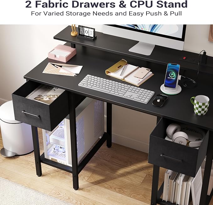 Black Computer Desk with Drawers, 42 Inch Home Office Desk Study Writing Table, Gaming Desk with USB Power Outlets, Office Desk with Fabric Drawer, Work Table with Shelf for Bedroom, Black