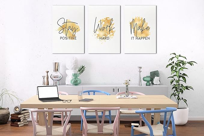 SHMAO Gold Office Canvas Wall Art Motivational Wall Decor, 3 Piece Stay Work Make Print Pictures for Office Wall Decor Women Inspirational Framed Artwork Home Office Decor 16”x24”x3 Panels