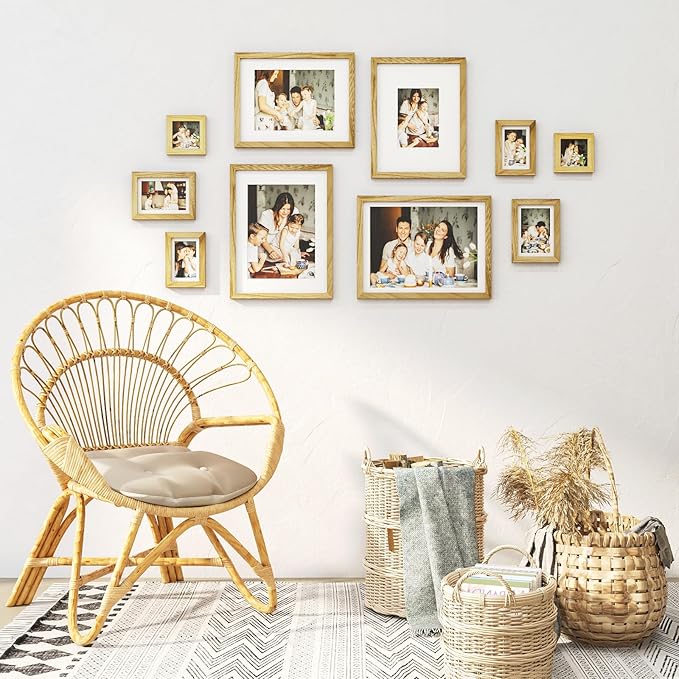 Egofine Picture Frame Set - 10 Assorted Sizes, Collage Wall Decor with 12x16, 11x14, 5x7, 4x6, 4x4 Frames for Wall & Tabletop, Solid Wood, Plexiglass Cover, Carbonized Brown