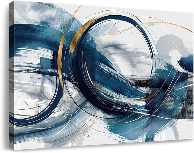 gaosoul Modern Abstract Canvas Wall Art Dynamic Blue Gold Lines Doodled on White Background Paintings Framed Minimalism Artwork Prints for Living Room Bedroom Office Decor 24x16in