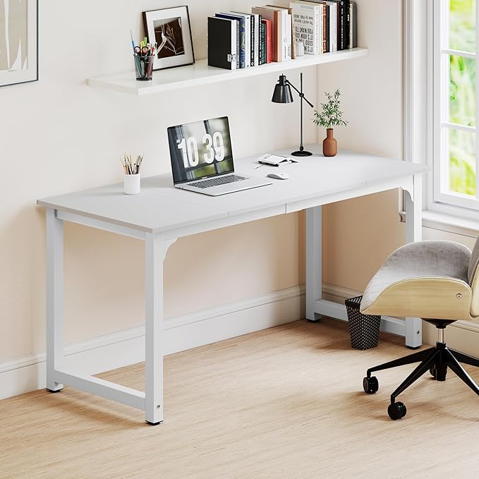 NSdirect Large Office Desk for Home Office, Large 63” Computer Desk Table, Wide Writing Study Desk for 2 Person, Metal Sturdy Frame Thicker Steel Legs,Warm White