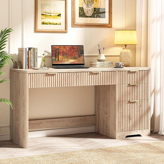 59" Fluted Executive Desk with Adjustable File Drawer, Workstation Computer Desk with 4 Storage Drawers, for Home Office