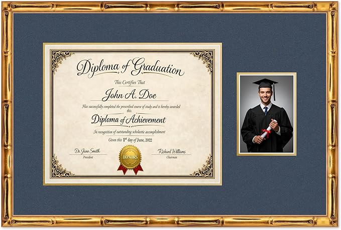 Diploma Frame With Photo Opening Gold Bamboo Navy Blue Over Gold Mat - Fits 15 x 12 Degree and Picture Made in the USA