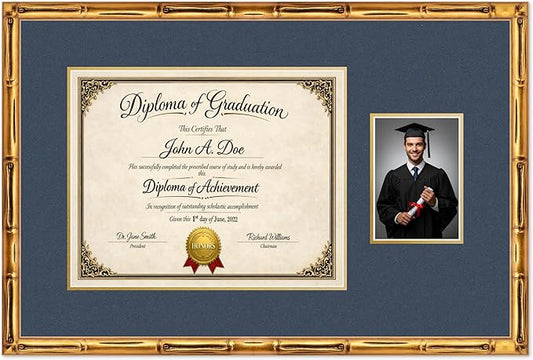 Diploma Frame With Photo Opening Gold Bamboo Navy Blue Over Gold Mat - Fits 15 x 12 Degree and Picture Made in the USA