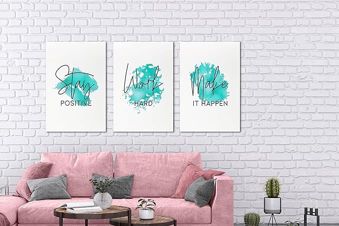 SHMAO Teal Office Canvas Wall Art Motivational Wall Decor, 3 Piece Stay Work Make Print Pictures for Office Wall Decor Women Inspirational Framed Artwork Home Office Decor 16”x24”x3 Panels