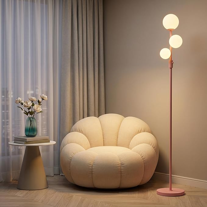 Fiqevs Modern Pink Globe Floor Lamp with Frosted Glass Shade and LED Bulbs, Dimmable Elegant Standing Lamp with Foot Pedal, Tall Pole Lamp for Girls Room, Bedrooms, Office