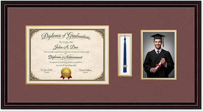 Diploma Tassel and Photo Frame Executive Brown Shadowbox Dark Red Over Gold Mat - Fits 11.69 x 8.27 Degree Picture Made in the USA