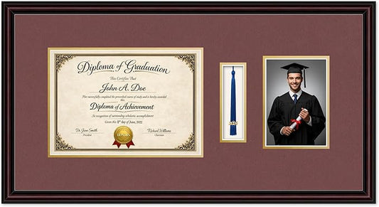 Diploma Tassel and Photo Frame Executive Brown Shadowbox Dark Red Over Gold Mat - Fits 11.69 x 8.27 Degree Picture Made in the USA