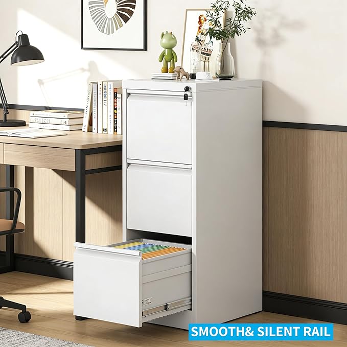 3 Drawer File Cabinet, Metal Vertical Filing Cabinet for Home Office, Locking Steel Easy Assemble 18" D File Cabinets for Legal/Letter/A4/F4 (White)