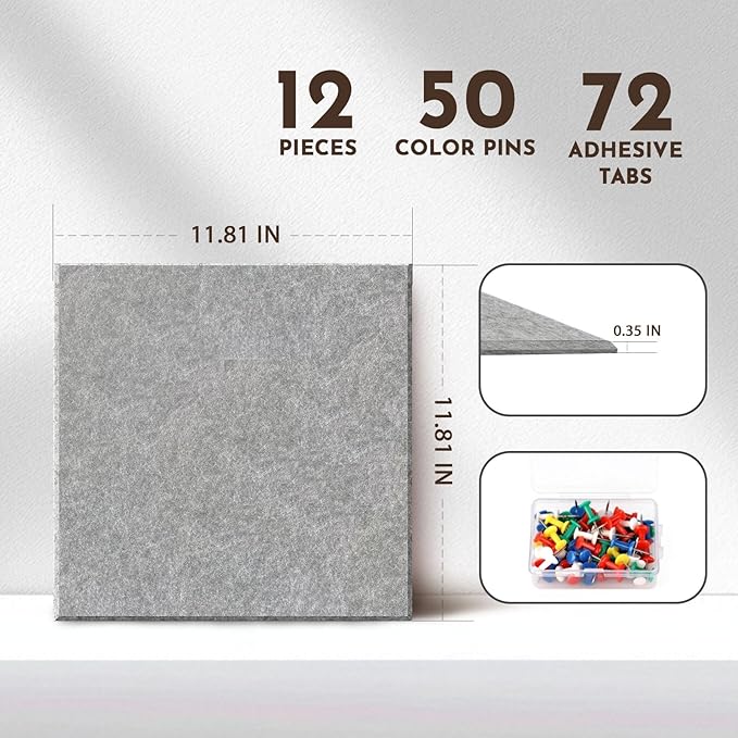 MISSDAY Dark Grey Acoustic Wall Panel Large Felt Bulletin Board 48" x 36" Cork Board for Wall, 12-Pack Boards with 72 Adhesive Tabs, 50 Pins, Pin Board for Home Office Classroom Soundproof Wall Tile