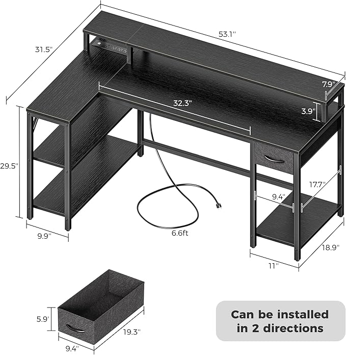 SUPERJARE 53 inch L Shaped Gaming Desk with LED Lights & Power Outlets, Reversible Computer Desk with Shelves & Monitor Stand, Corner Desk with Drawer, for Home & Office, Black