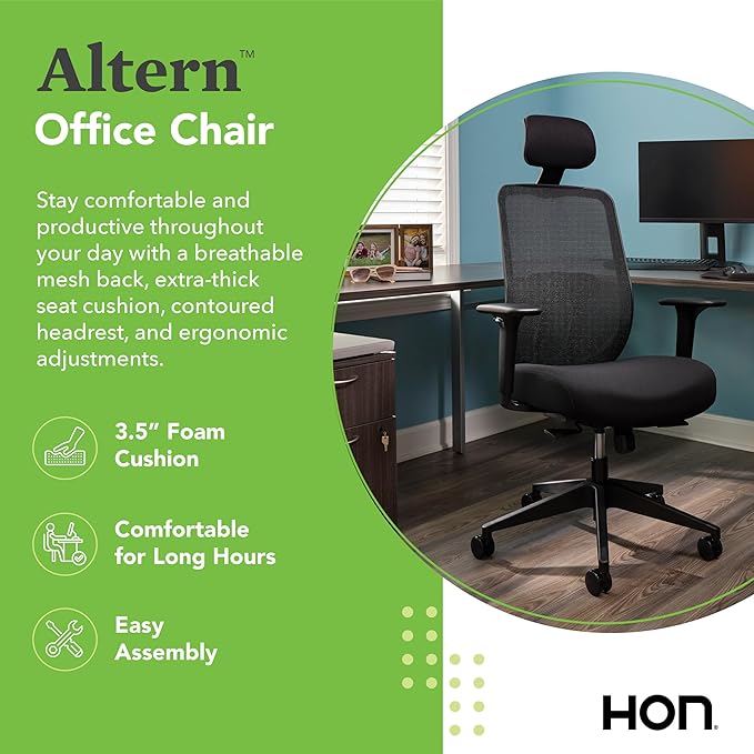 HON Altern Ergonomic Office Chair with Headrest, Arms, Wheels, Foam Cushion Seat, Mid Back Home Office Desk Chair Comfy, Gaming Chair, Height Adjustable Arms, Synchro-Tilt, Black Frame, Bark