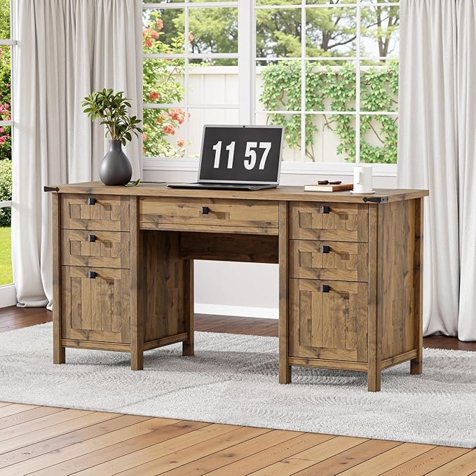 Farmhouse Executive Desk with Drawers - 62" W Farmhouse Computer Desk with Power Outlets & USB Charging, Heavy Duty Storage Desk for Home Office & Study.Vintage